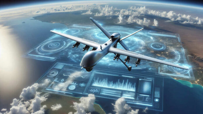 2495955381 Drone flying over digital holographic map display
