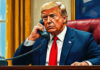 Person in suit holding phone sitting at desk