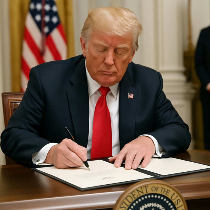 Man in suit signing document at desk with flag
