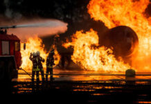 Firefighters battling a large blaze with a fire truck in the foreground