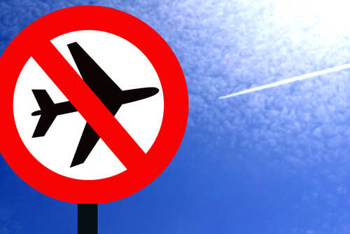 A no-fly zone sign against a blue sky