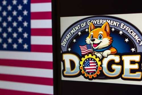 Logo featuring a cartoon dog with an American flag and the word 'DOGE'