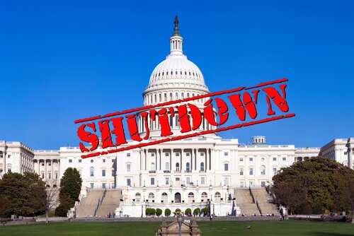 U.S. Capitol building with the word 'SHUTDOWN' superimposed in red