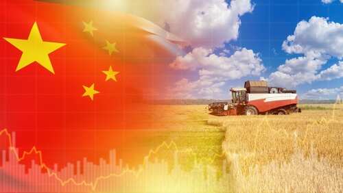 shutterstock_2429866969.jpg A combine harvester in a wheat field with the Chinese flag in the background