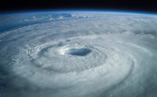 Satellite view of a swirling hurricane with a clear eye