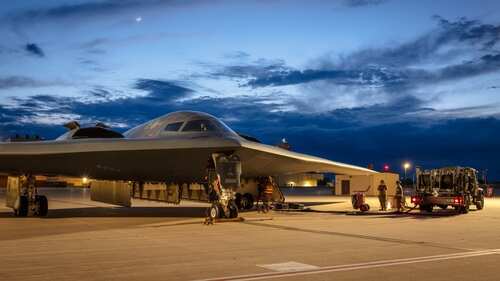 B-2 Spirit stealth bomber being serviced at night