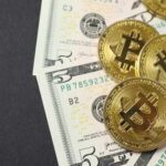 Bitcoin coins placed on top of dollar bills