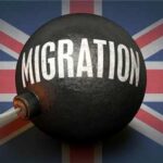 A black bomb with the word 'MIGRATION' on it, set against a British flag background