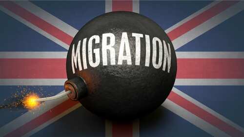 A black bomb with the word 'MIGRATION' on it, set against a British flag background