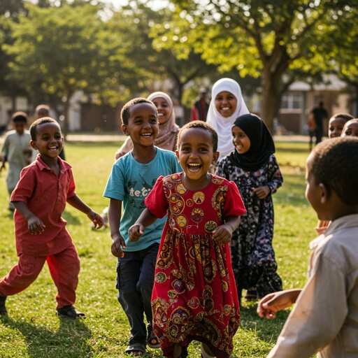 Group of children playing joyfully in a grassy area