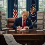 A political leader signing documents in an office with stacks of papers