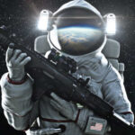 Astronaut holding a rifle in space with Earth visible in the background