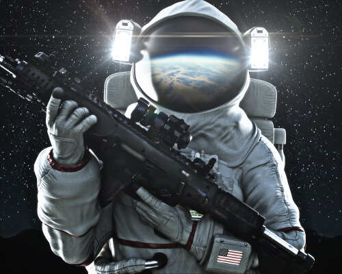 Astronaut holding a rifle in space with Earth visible in the background