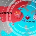 A stylized map showing China and Taiwan with dice representing geopolitical themes