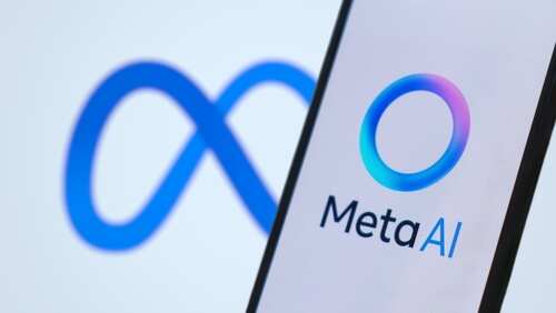 Close-up of a smartphone displaying the MetaAI logo with a blue infinity symbol in the background