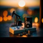 Model oil pump jack next to a barrel labeled 'OIL' and stacks of money