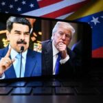 Smartphone displaying images of political leaders with flags in the background