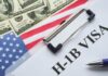H-1B visa document on a table with US flag and dollar bills
