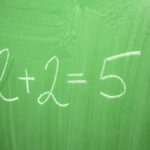 Chalkboard with the incorrect equation 2+2=5 written in white chalk