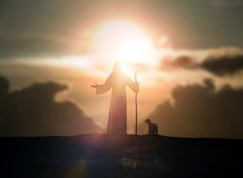 Silhouette of a figure with a staff and a dog against a sunset