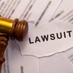 A wooden gavel next to a torn paper with the word 'LAWSUIT'