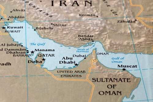 Map of the Middle East highlighting countries and bodies of water