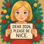 A child holding a sign that says 'DEAR 2026, PLEASE BE NICE.' in front of a decorated Christmas tree