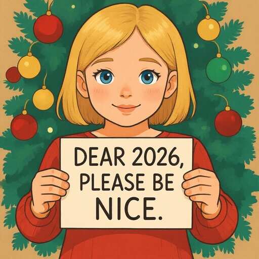 A child holding a sign that says 'DEAR 2026, PLEASE BE NICE.' in front of a decorated Christmas tree