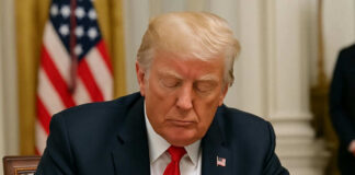 Man in suit signing document at desk with flag