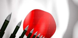 A row of military missiles in front of the Japanese flag