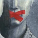 Two abstract faces with red tape over their mouths