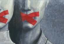 Two abstract faces with red tape over their mouths