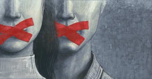 Two abstract faces with red tape over their mouths