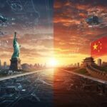 A digital representation contrasting American and Chinese symbols with drones and landmarks