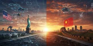 A digital representation contrasting American and Chinese symbols with drones and landmarks