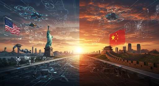 A digital representation contrasting American and Chinese symbols with drones and landmarks