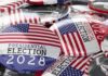 A collection of buttons featuring the American flag and text about the 2028 presidential election