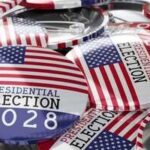 A collection of buttons featuring the American flag and text about the 2028 presidential election