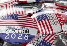 A collection of buttons featuring the American flag and text about the 2028 presidential election