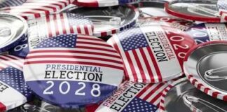 A collection of buttons featuring the American flag and text about the 2028 presidential election