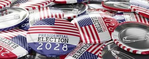 A collection of buttons featuring the American flag and text about the 2028 presidential election