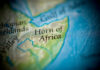 Close-up view of a map highlighting the Horn of Africa