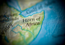 Close-up view of a map highlighting the Horn of Africa