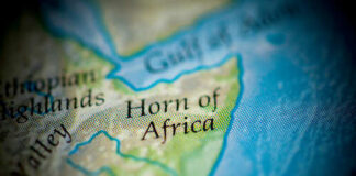 Close-up view of a map highlighting the Horn of Africa