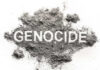 The word 'GENOCIDE' formed from gray ash on a white background