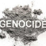 The word 'GENOCIDE' formed from gray ash on a white background