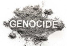 The word 'GENOCIDE' formed from gray ash on a white background