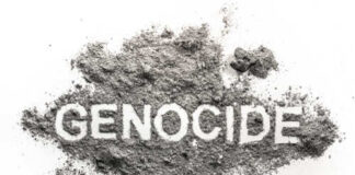 The word 'GENOCIDE' formed from gray ash on a white background