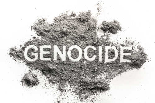 The word 'GENOCIDE' formed from gray ash on a white background