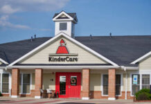 Exterior view of a KinderCare childcare center with a red door